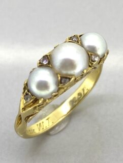Victorian 3 pearl ring. Natural Pearls beautifully and intricately carved half hoop ring with rose diamond points.  There is a 'betrothal' inscription 'L.P. from W.T 1891'. This is a stunning unique antique ring,  We offer a tailored individual service with support and advice to ensure your satisfaction. Free resizing, shipping and valuations on every purchase.  Contact us for further details or videos