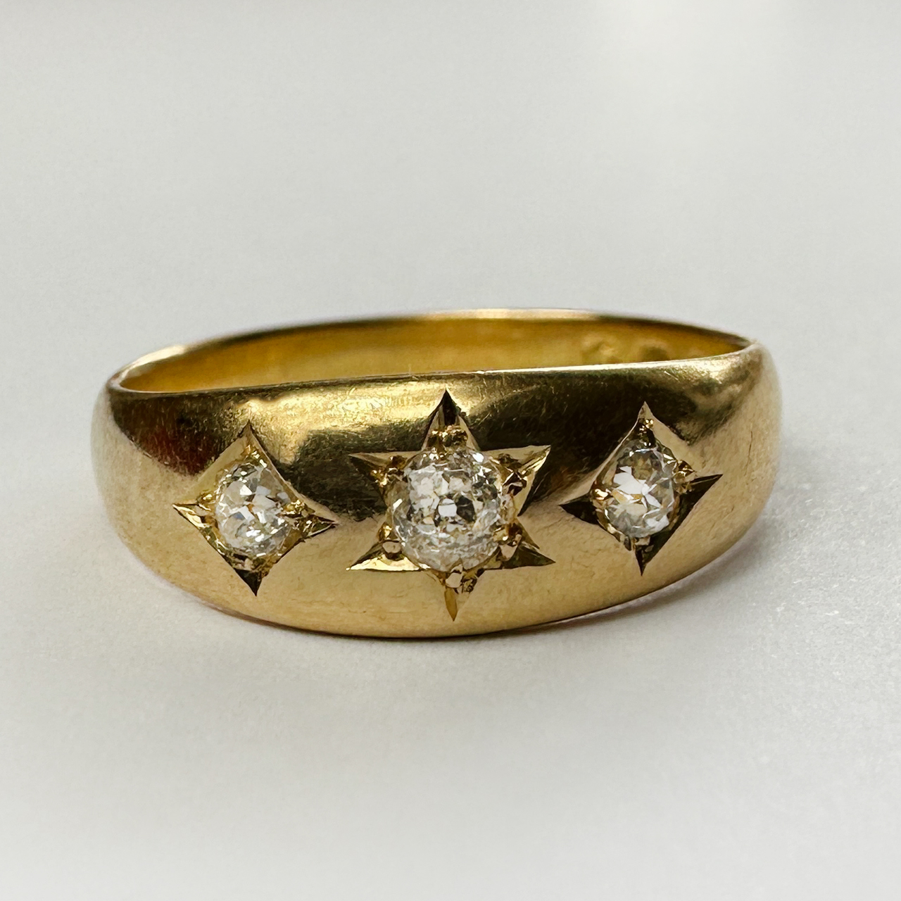 Beautifully Set Antique Diamond 3 Stone Gypsy Ring in 18ct hallmarked yellow gold.  Hallmarked Birmingham 1891 with makers mark S&E, ring size N. This is a lovey ring with full credentials and a beautiful patina.  This ring can be resized